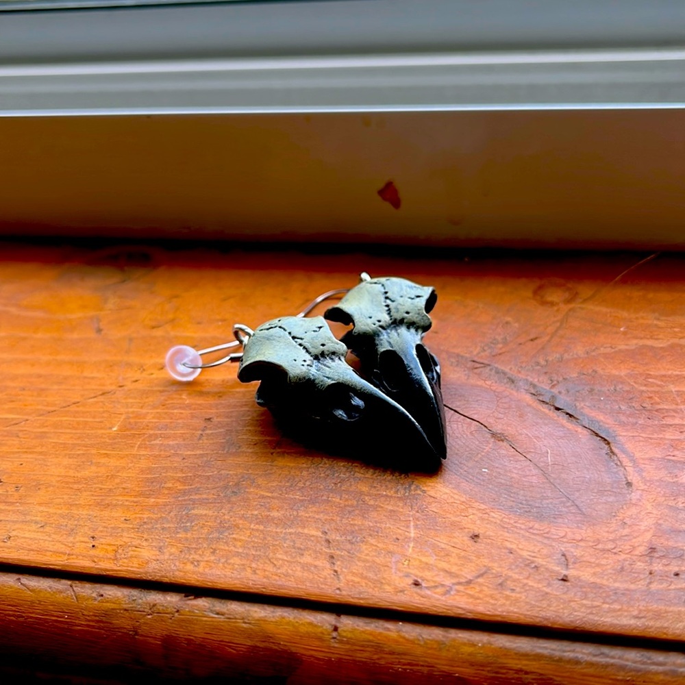 Resin Raven Skull Dangle Earrings